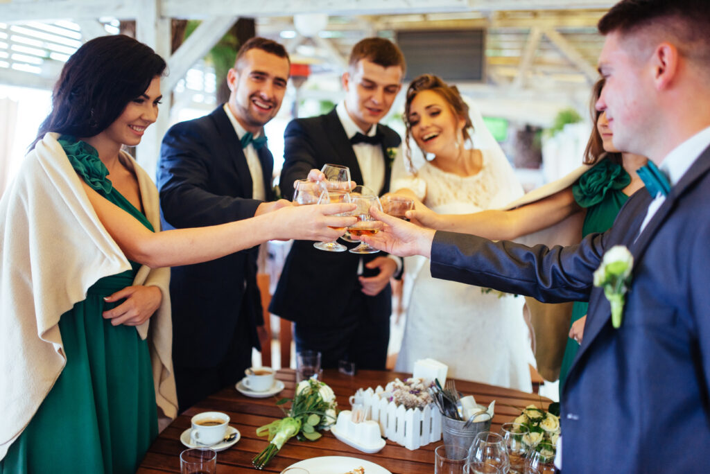 brides wedding day with friends in a cafe